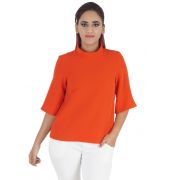 Closet Stretch Knit Plain Solid Orange Coloured High Neck Casual Top