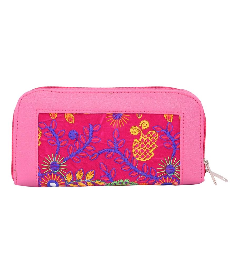 Envie Faux Leather Embroidered Pink & Multi Zipper Closure Clutch