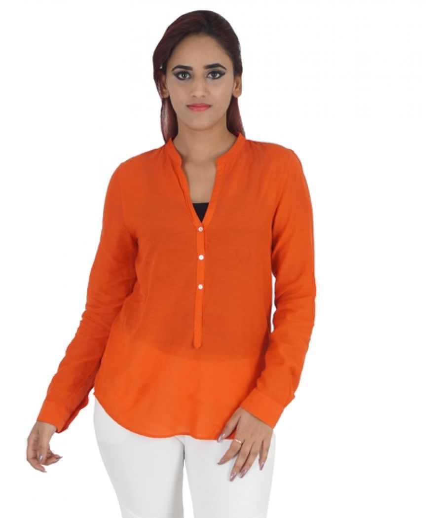 Zara Women Viscose Solid Orange Full Sleeves Casual Top