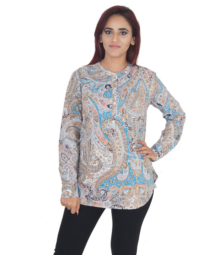  Lands End Silk Satin Paisley Print Multi Coloured Full Sleeved Casual Tunic