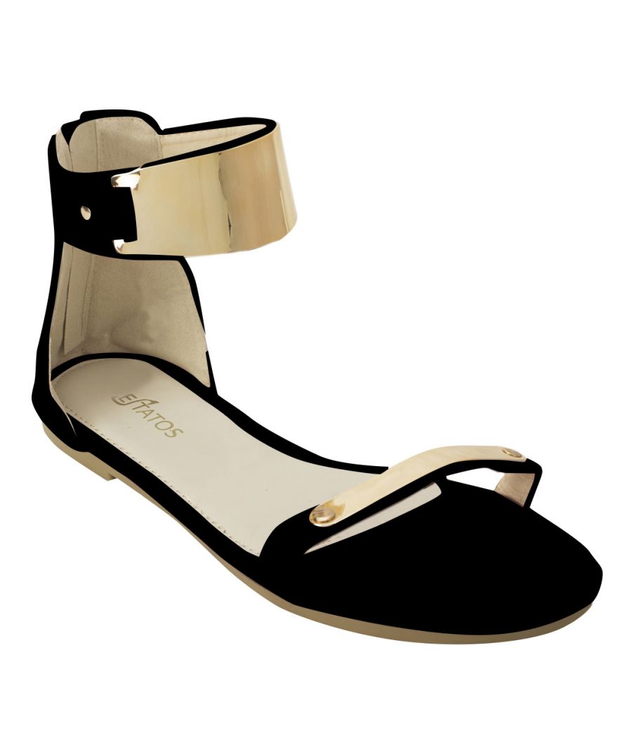Estatos Faux Leather Open Toe Ankle Strap Metal Decorated Zip Closure Black Flat Sandals for Women