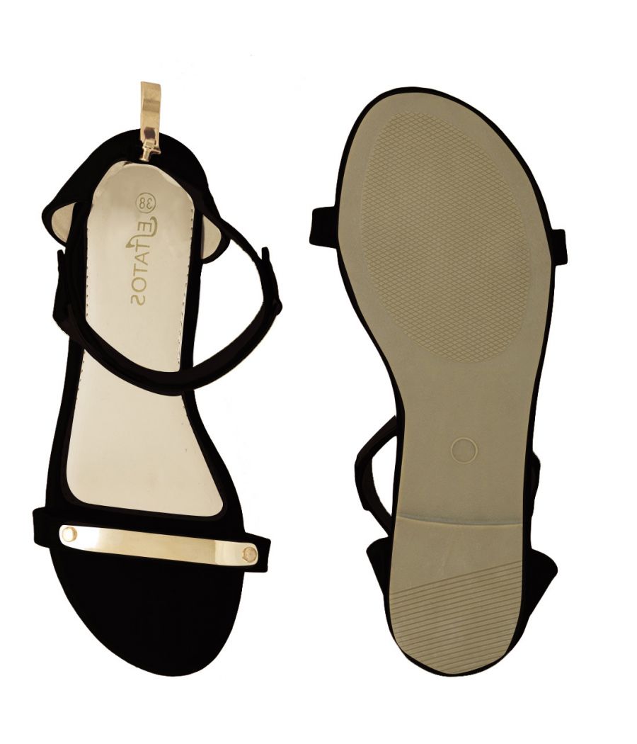 Estatos Faux Leather Open Toe Ankle Strap Metal Decorated Zip Closure Black Flat Sandals for Women