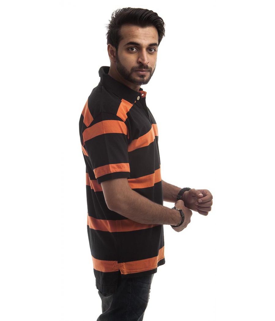  Muscle Polycotton Plain Striped Orange & Black Half Sleeves Casual T-shirt