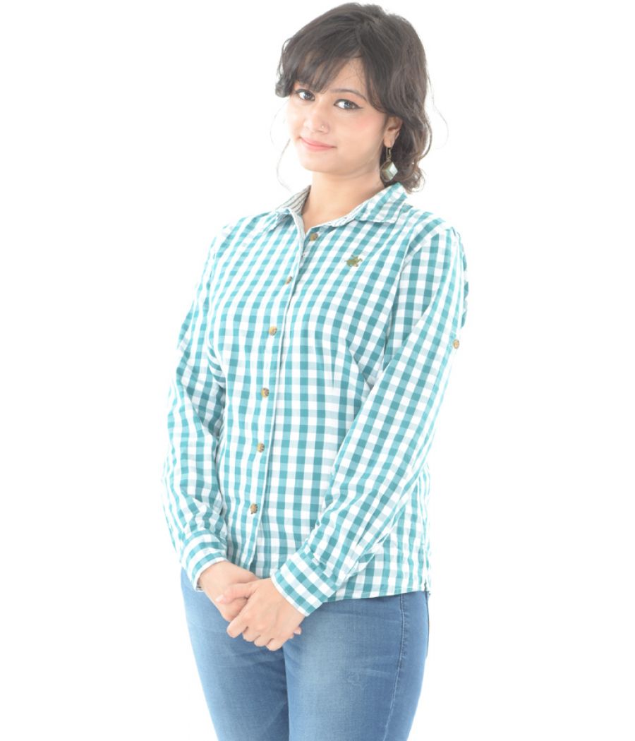 Relaxed Fit White & Green Check Shirt