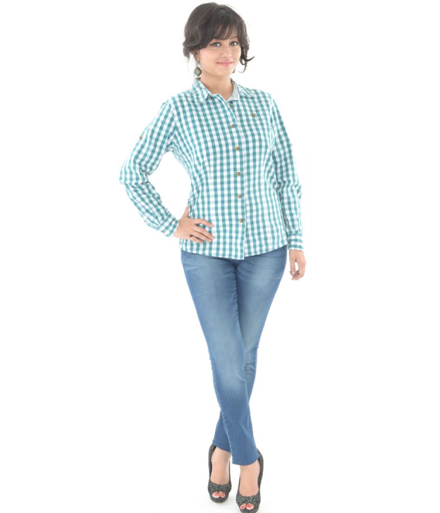 Relaxed Fit White & Green Check Shirt