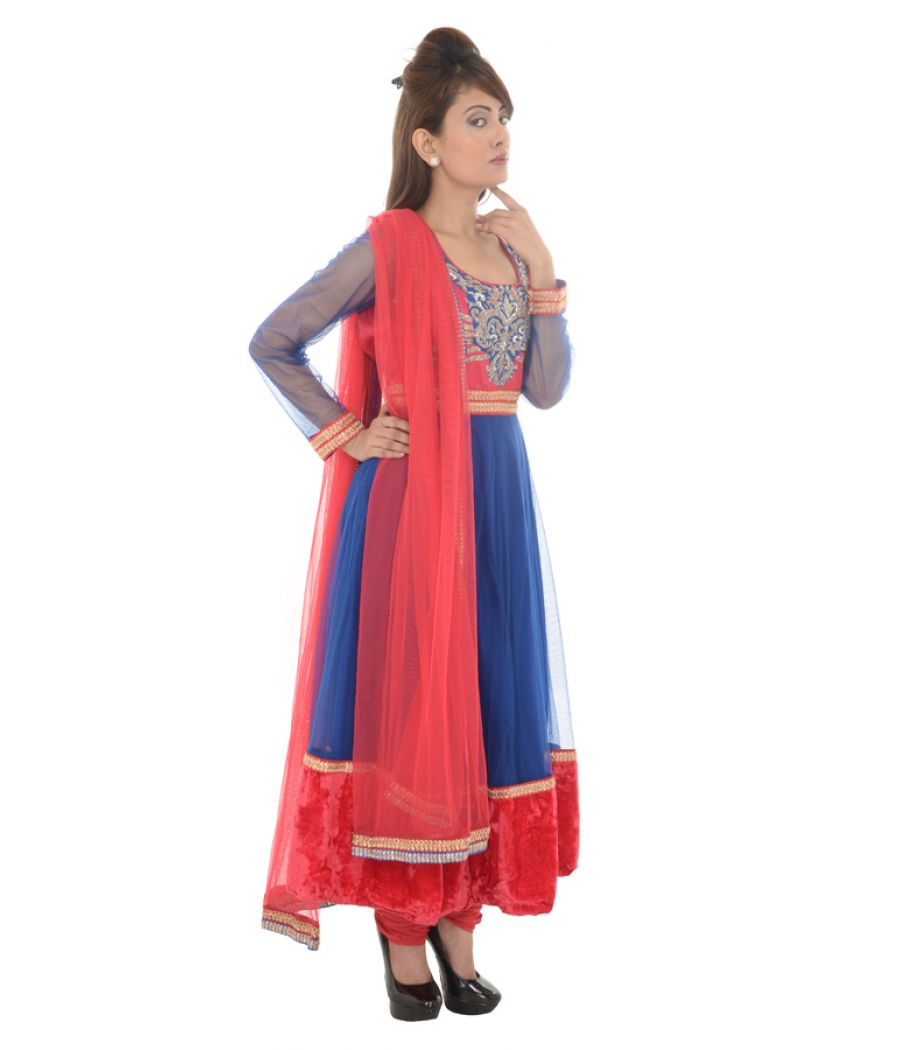 Net/Velvet Embroidered Blue/Red Anarkali Suit
