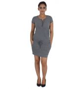 Only Hosiery Solid Grey Midi Half Sleeves Belted Casual Dress