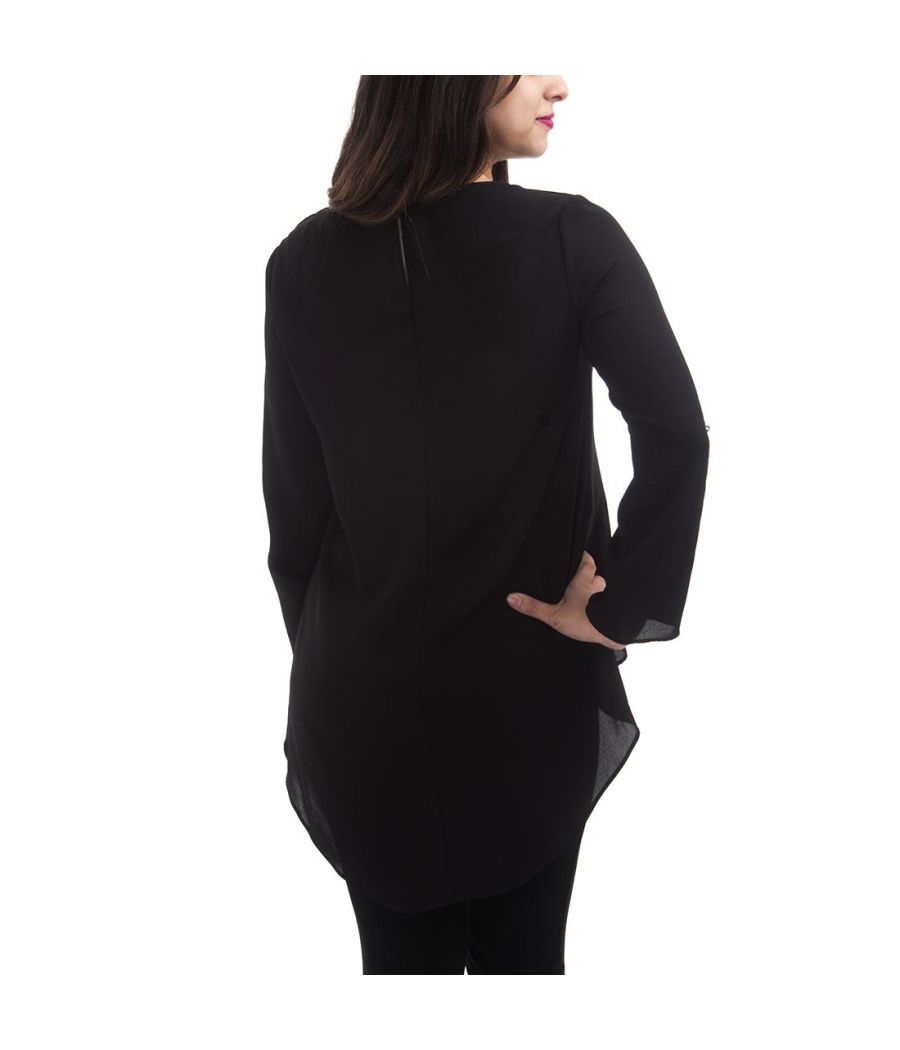 Etashee Certified Crepe Solid Black & White Round Neck Long Sleeves Crossover Design Casual Top 