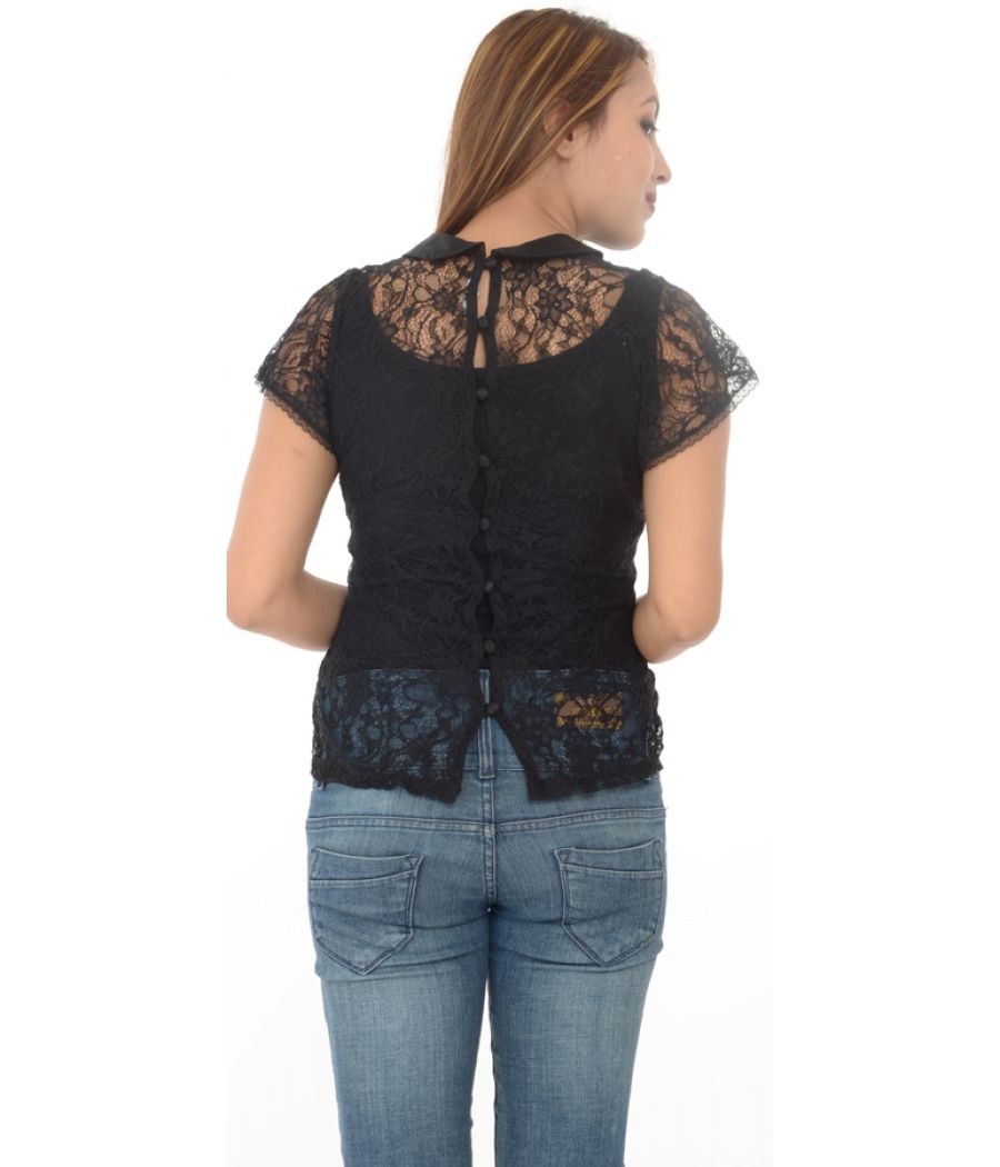 Warehouse Black Collared Lace Top