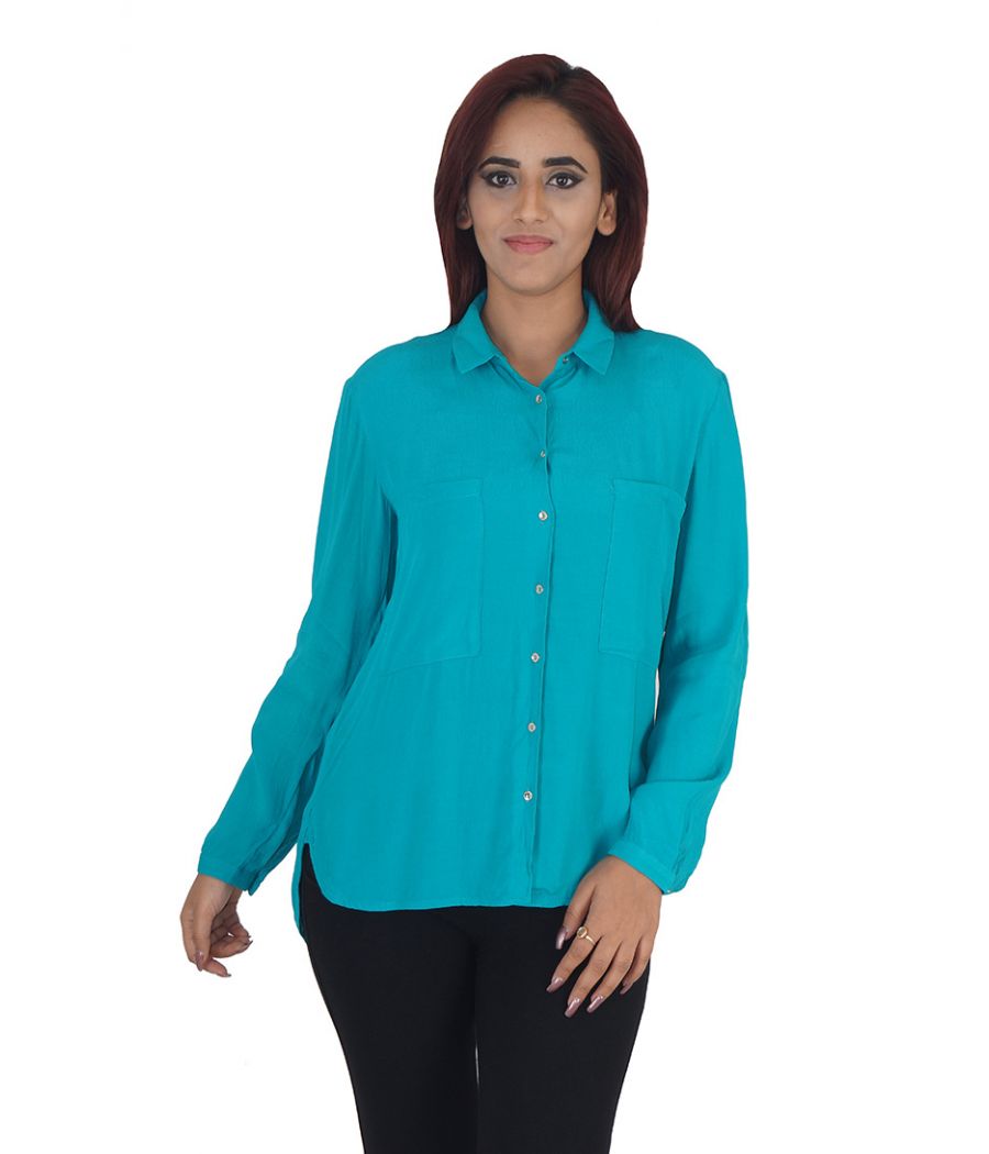 Mango Polyester Solid Turquoise Full Sleeves Casual Shirt