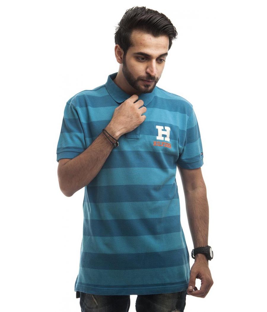 Tommy Hilfiger Polycotton Teal & Blue Plain Striped Regular Fit Casual T-shirt 