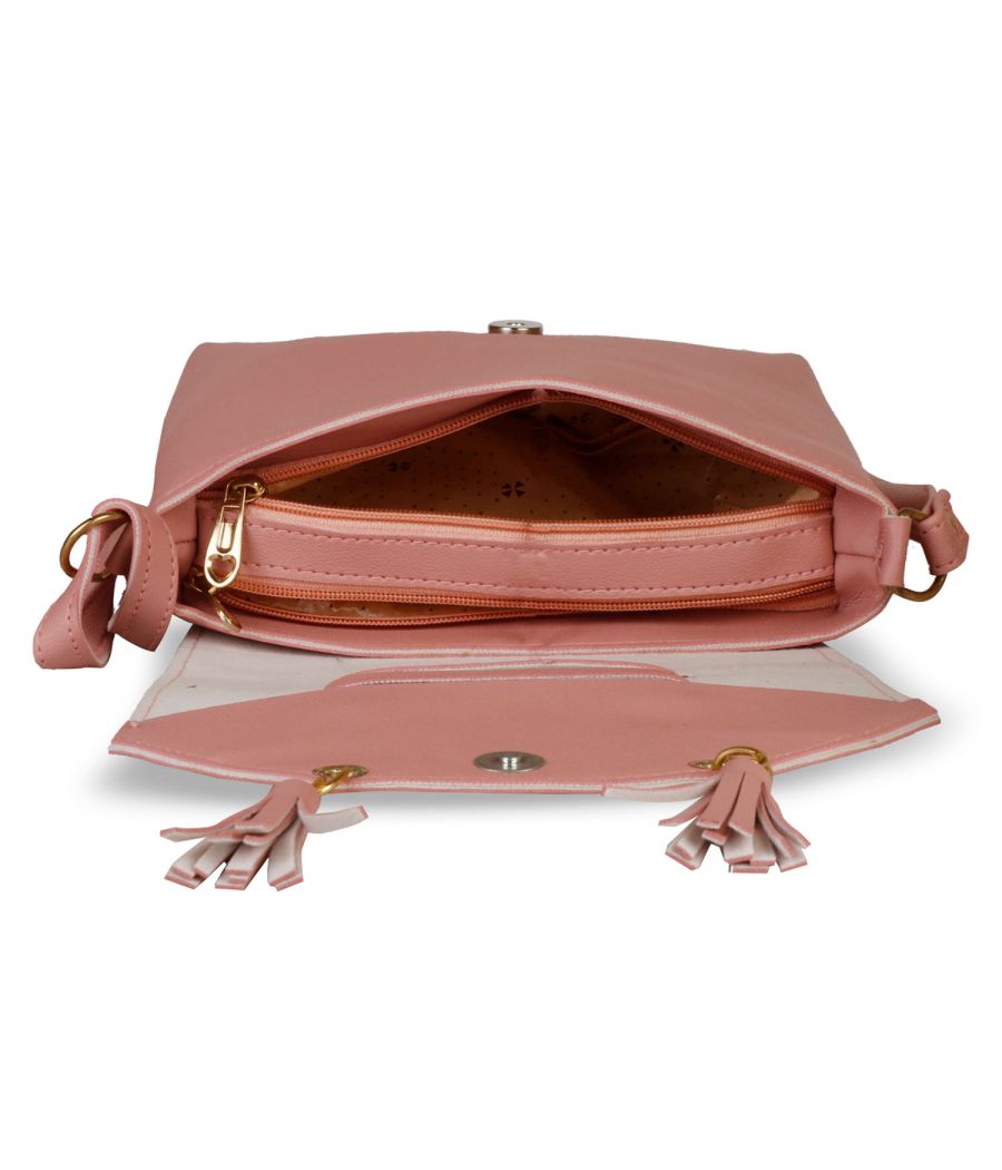 Aliado Peach Color Artificial Leather Zipper Closure Sling Bags