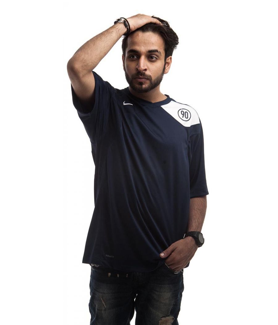 Nike Polycotton Plain Printed Navy Blue & White Half Sleeved Casual T-shirt