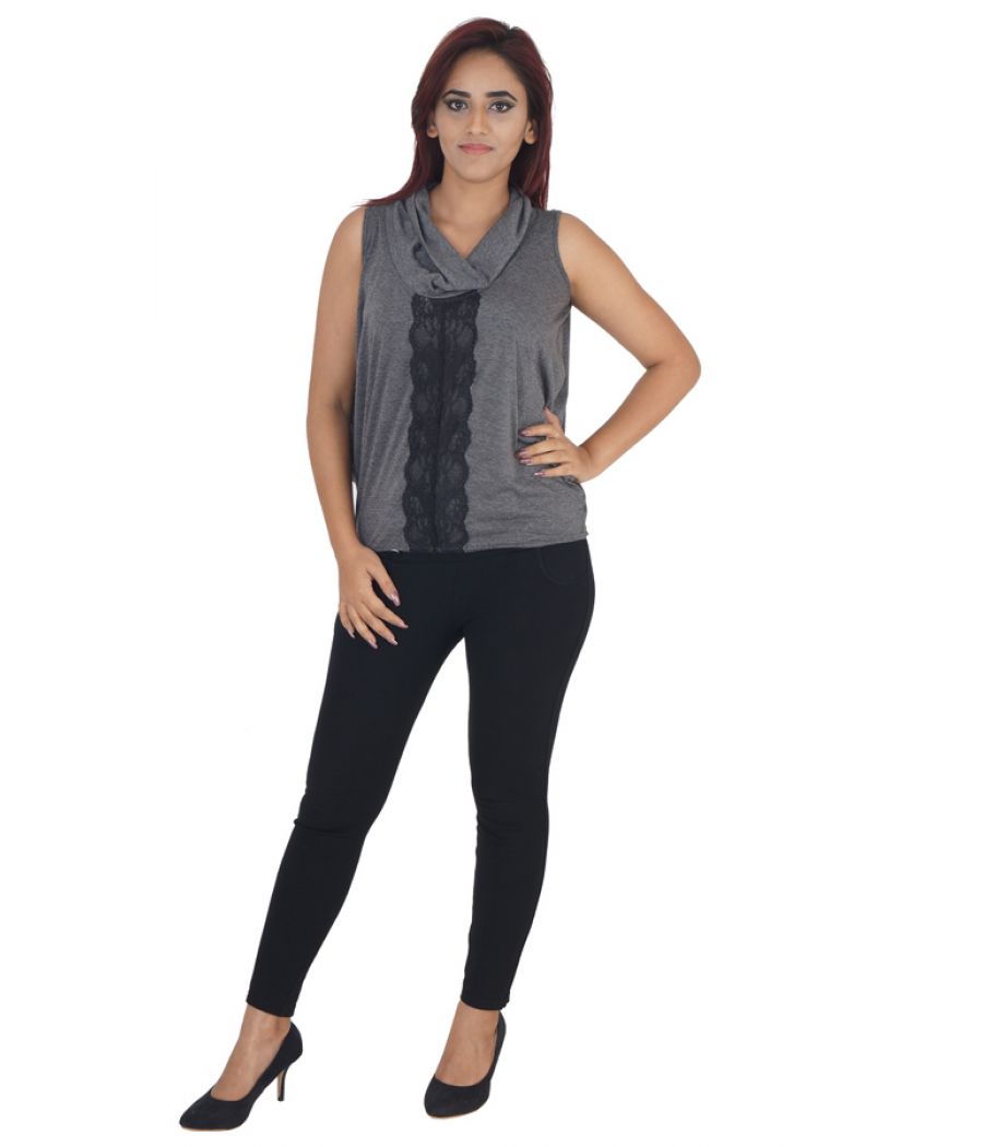 AND Hosiery Grey & Black Cowl Neck Lace Embellished Sleeveless Casual Top 