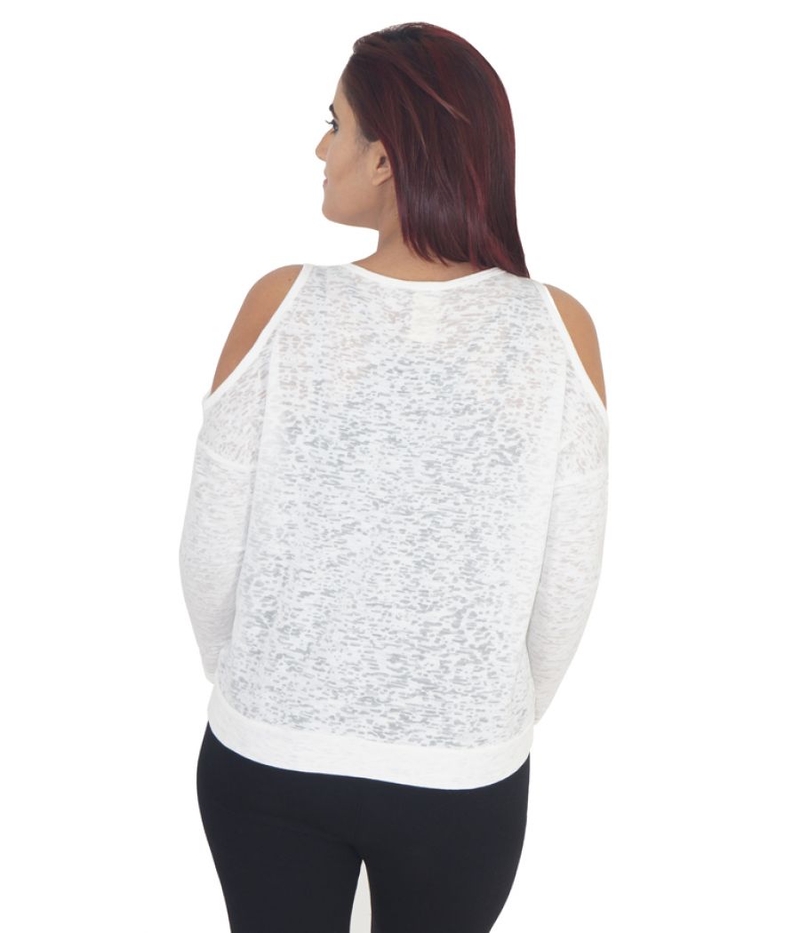 Zara Lycra Plain Solid White Round Neck Full Sleeves Cold Shoulder Top