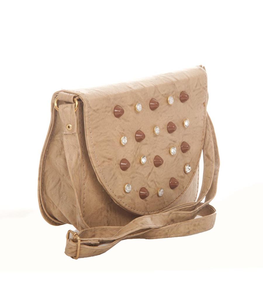 Envie Faux Leather Embellished Beige Magnetic Snap Sling Bag 