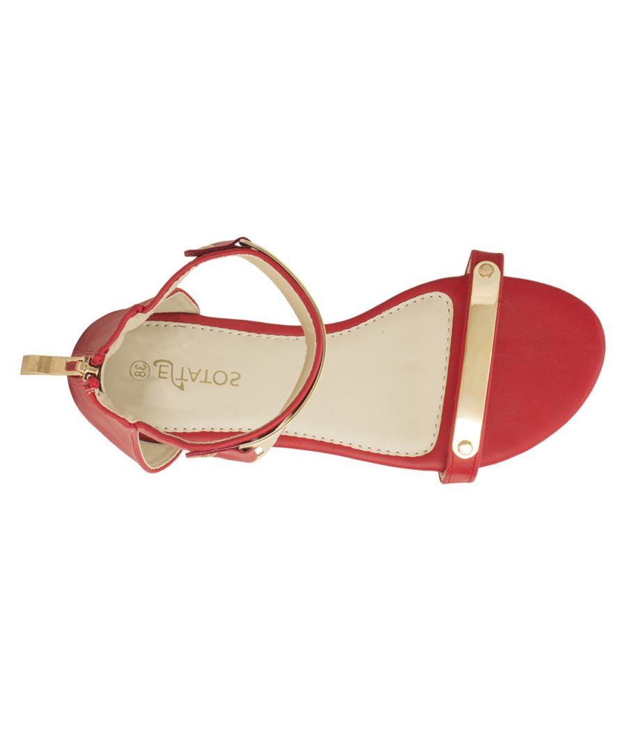 Estatos Faux Leather Open Toe Ankle Strap Metal Decorated Zip Closure Red Flat Sandals for Women