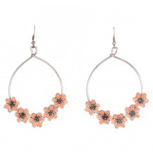 Sanida Metal Hoop Earrings Adorned with Inlaid Peach/Orange Flowers