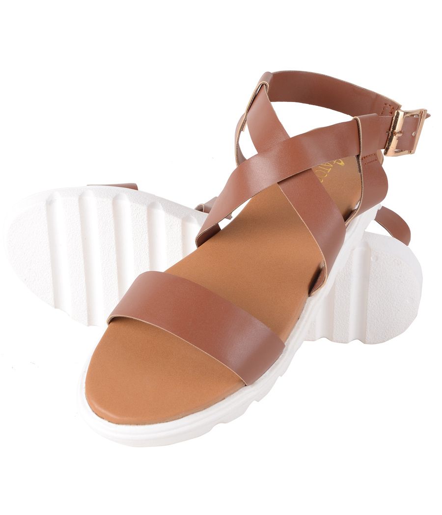 Estatos Faux Leather Open Toe Cross Strap Buckle Closure Mesh Style White Platform Heel Brown Sandals for Women