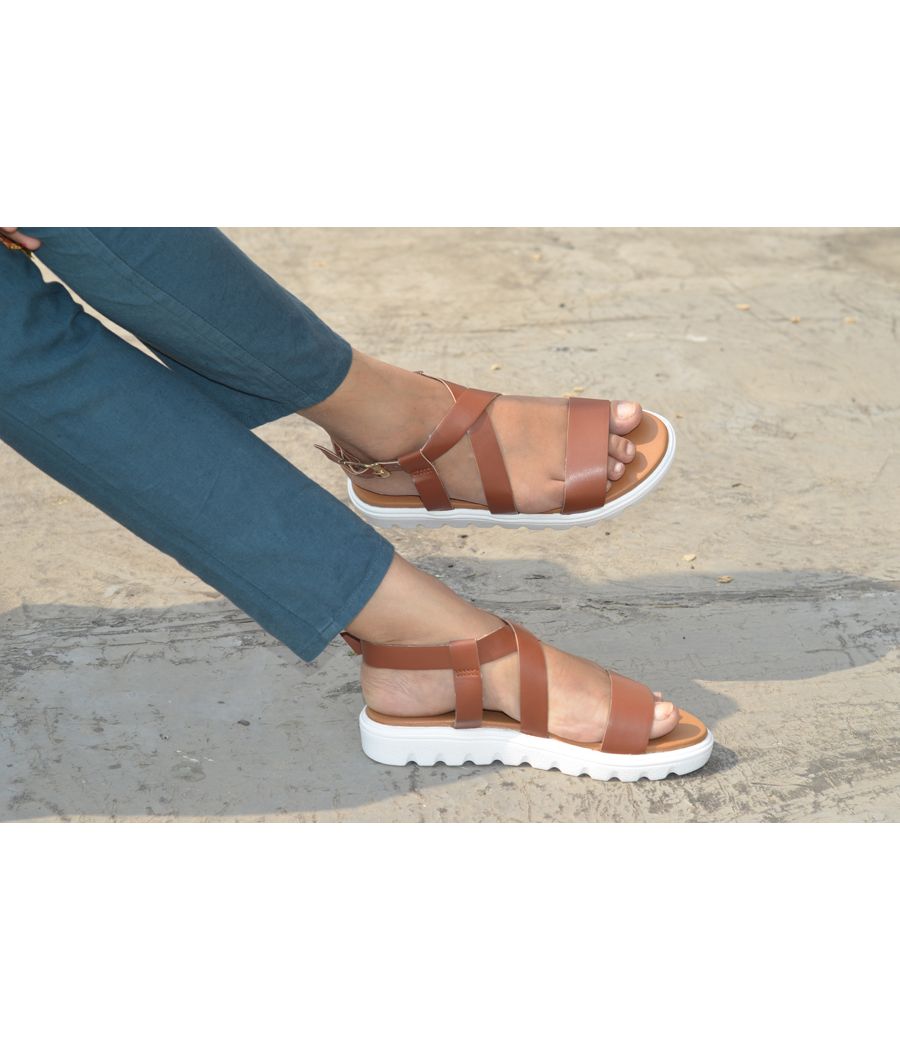 Estatos Faux Leather Open Toe Cross Strap Buckle Closure Mesh Style White Platform Heel Brown Sandals for Women