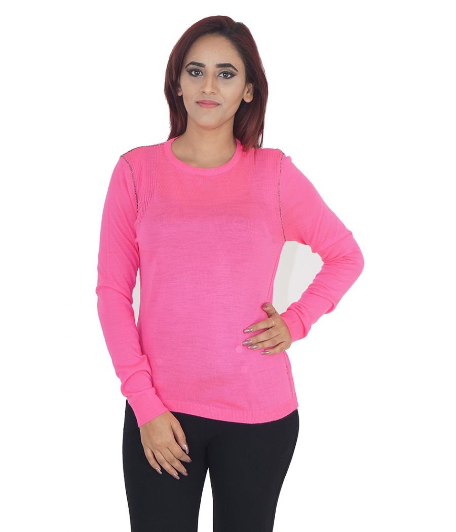 Limited Stretch Knit Plain Solid Magenta Full Sleeves Round Neck Casual Top 