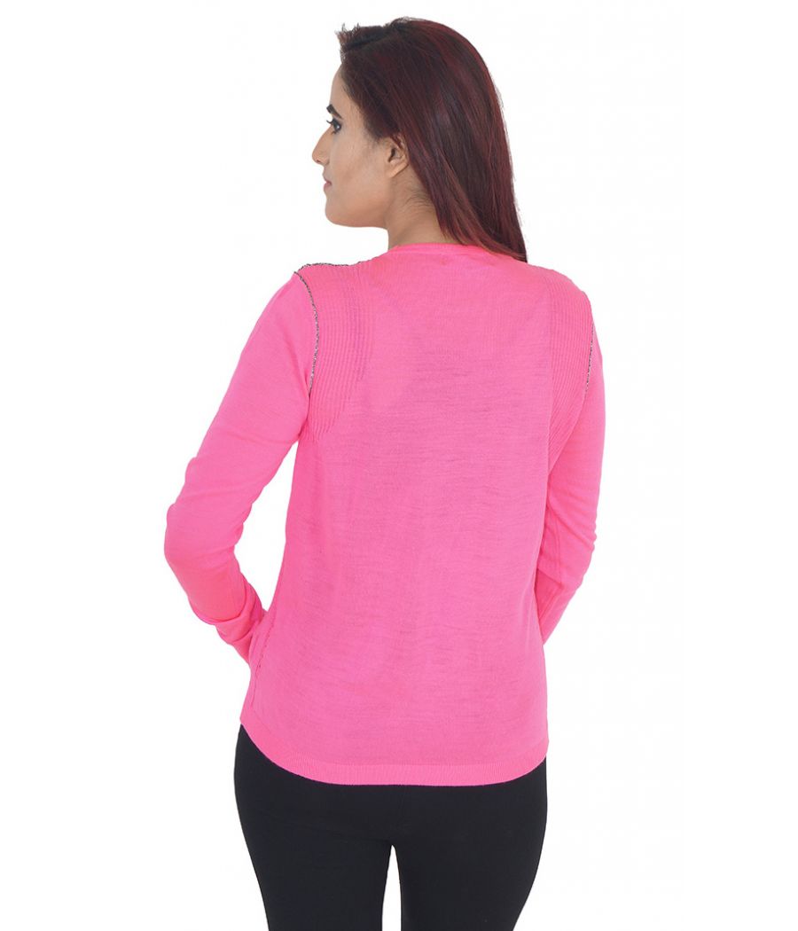 Limited Stretch Knit Plain Solid Magenta Full Sleeves Round Neck Casual Top 
