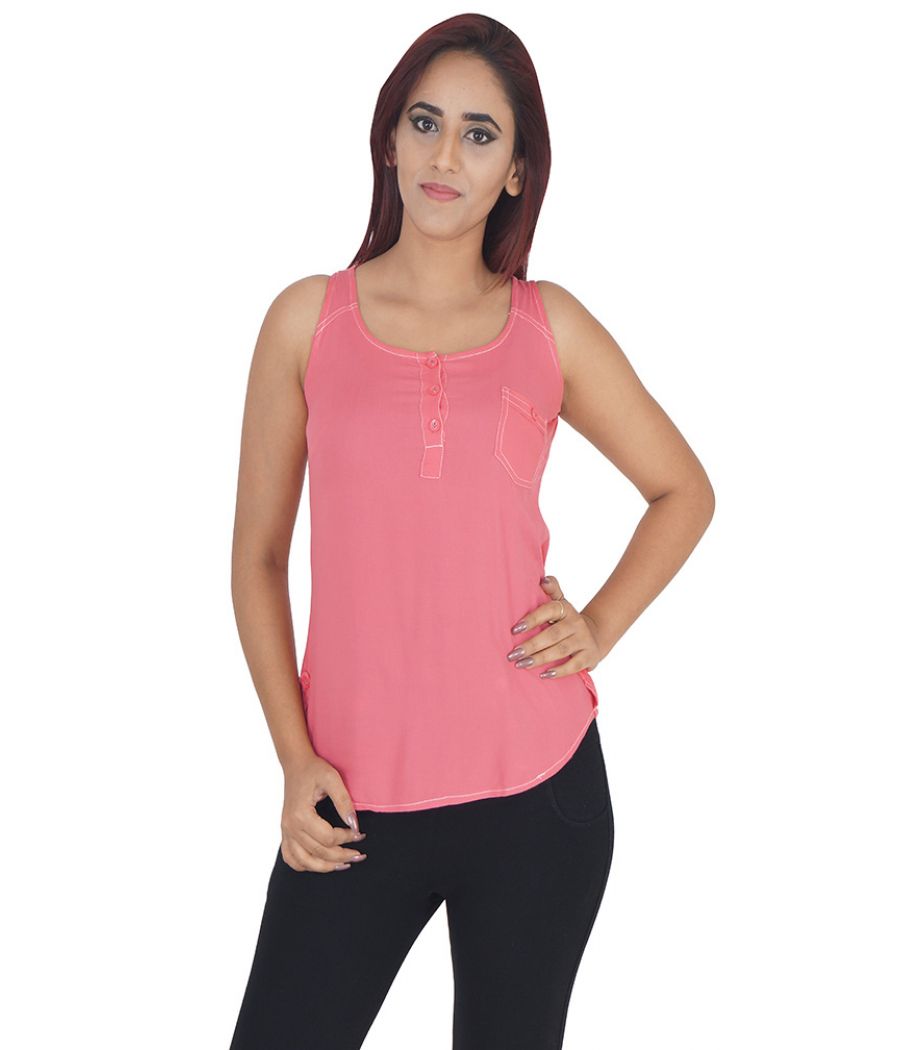 AND Rayon Plain Solid Pink Sleeveless Casual Top 