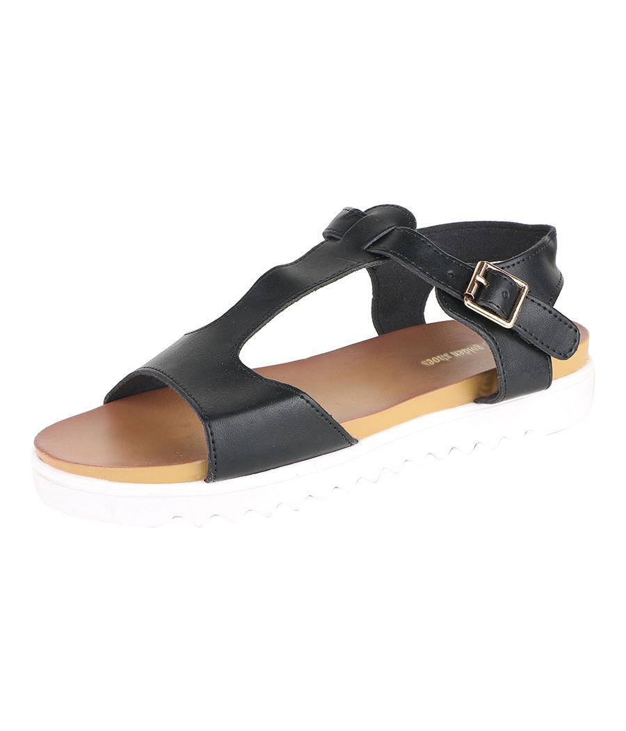 Estatos Faux Leather Open Toe T Strap Buckle Closure White Platform Heel Black Sandals for Women