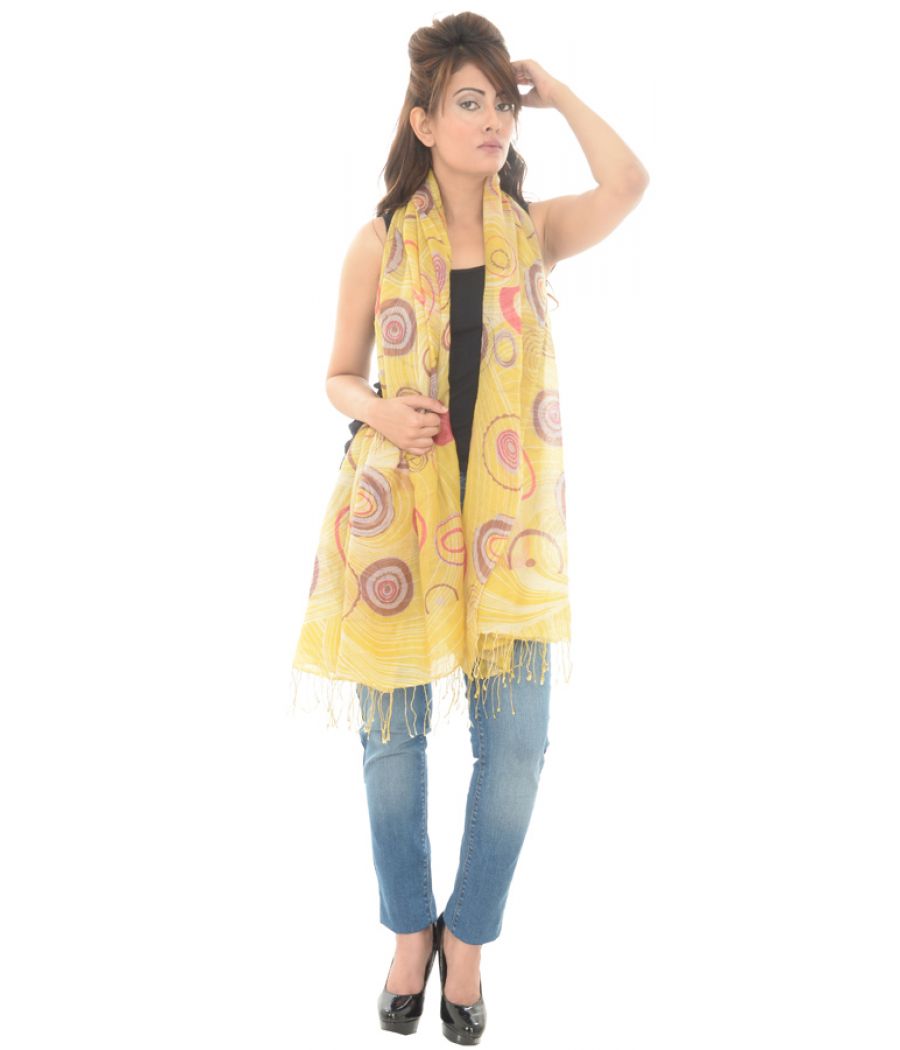 Woollen/Silk Circle Printed Fringed Yellow Stole