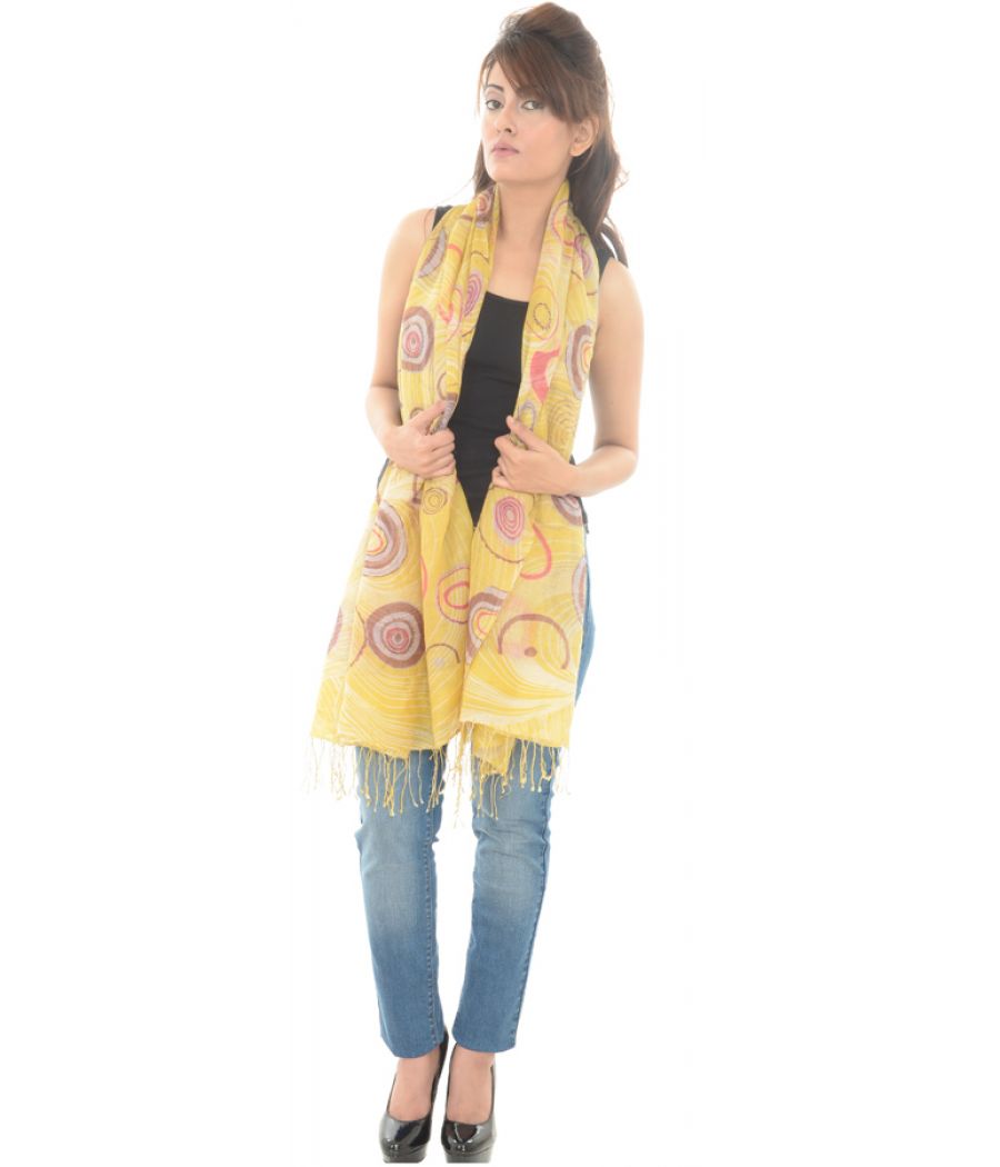 Woollen/Silk Circle Printed Fringed Yellow Stole