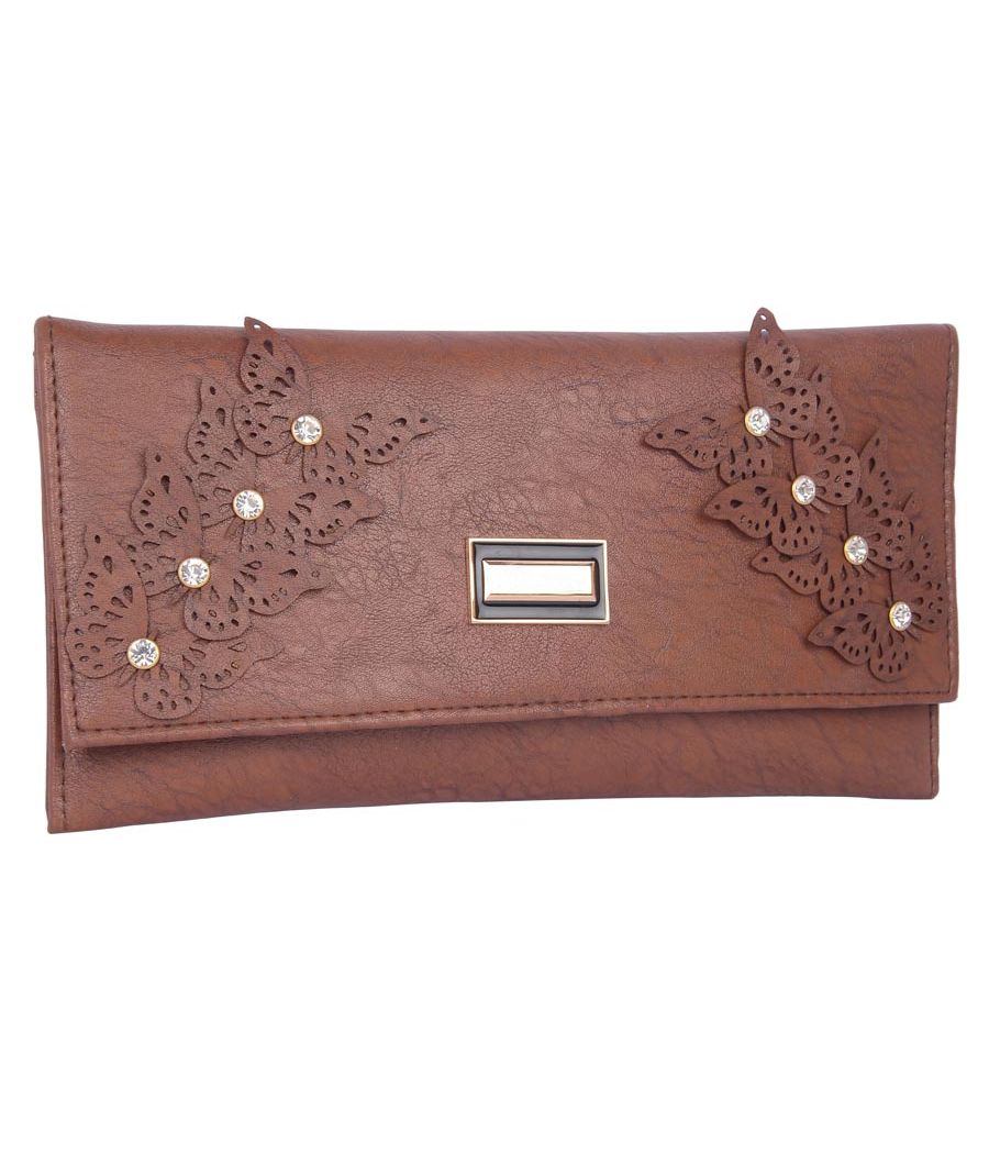 Envie Faux Leather Embellished  Coffee Brown Magnetic Snap Closure Crossbody Bag