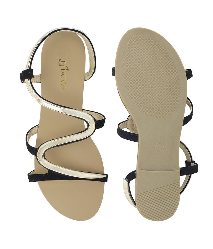 Estatos Faux Leather Open Toe Snake Shape Metallic Strap Black Flat Sandals for Women