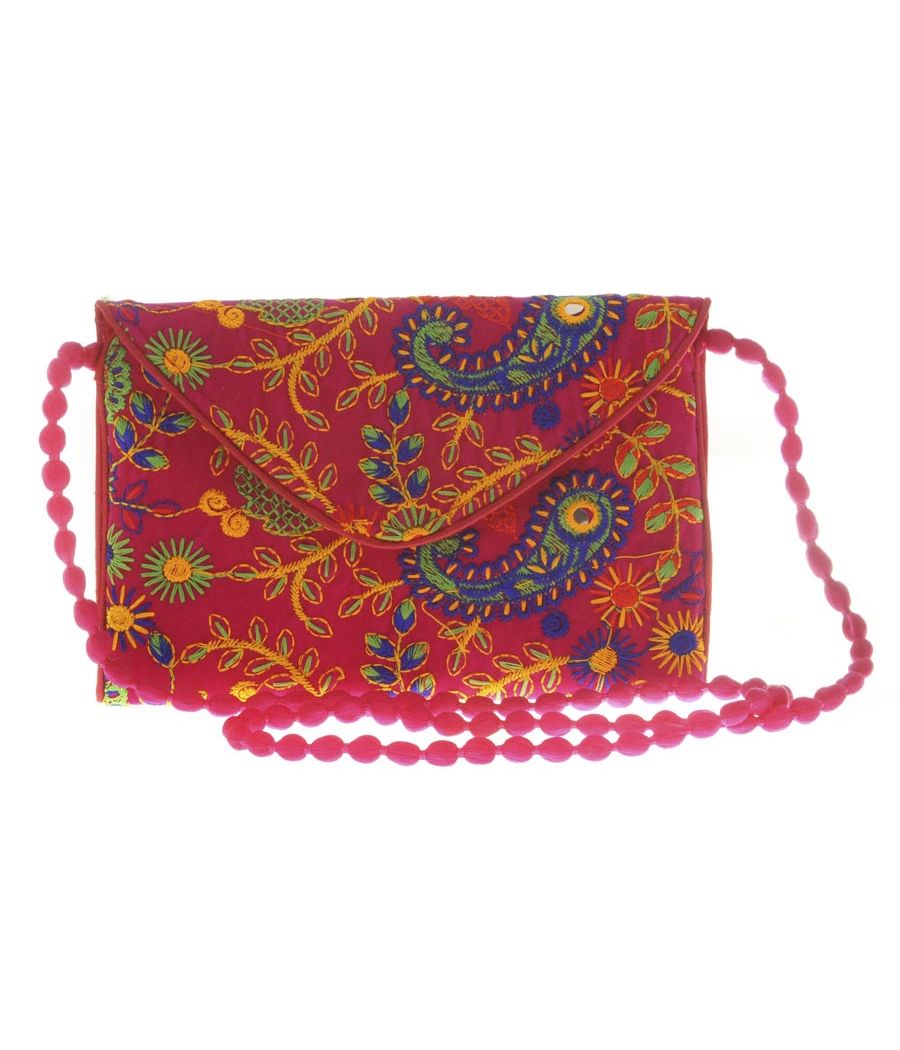 Envie Cloth/Textile/Fabric Pink & Multi Magnetic Snap Embroidered Sling Bag 