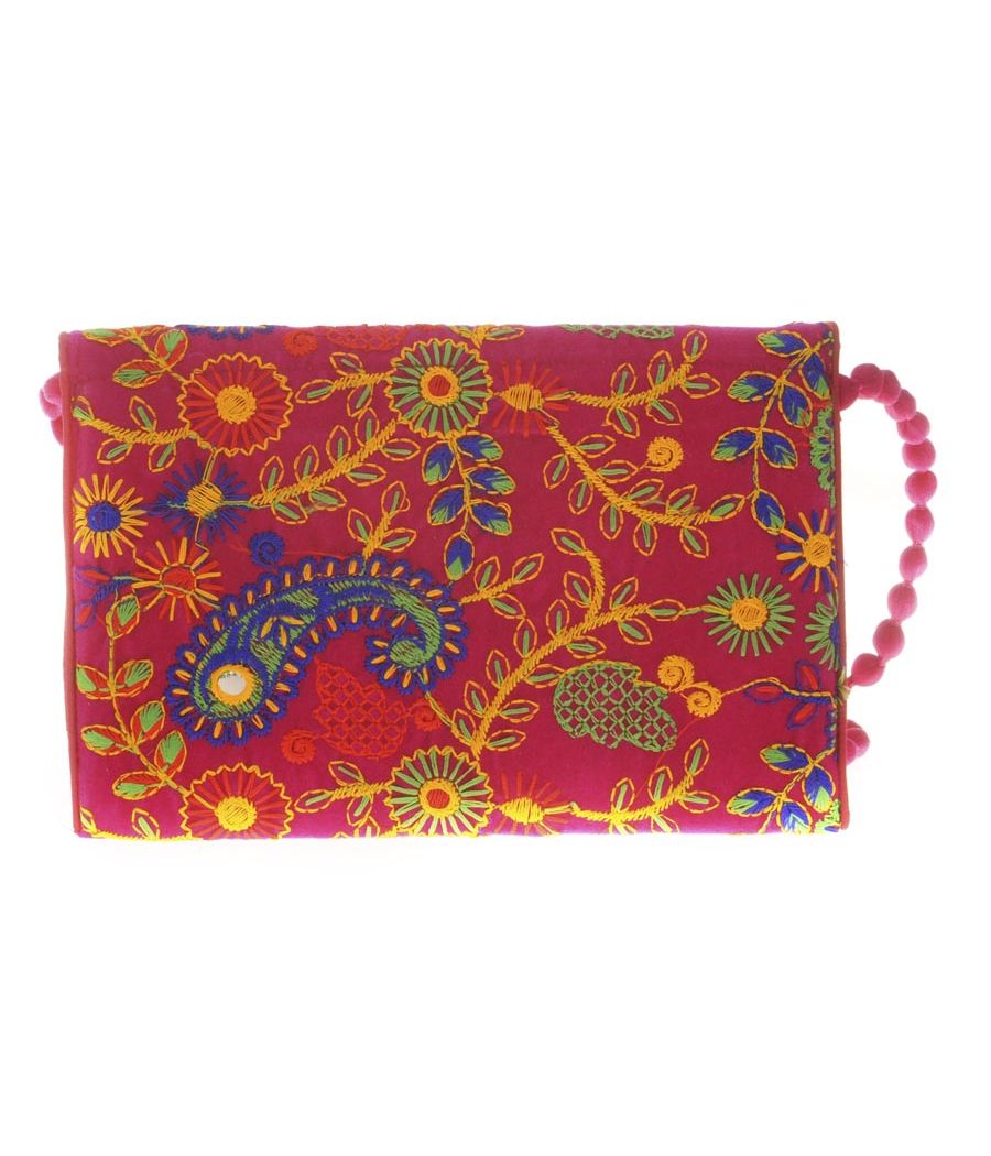 Envie Cloth/Textile/Fabric Pink & Multi Magnetic Snap Embroidered Sling Bag 