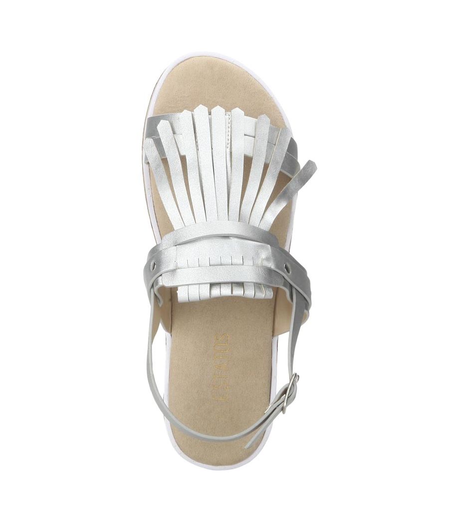 Estatos Leather Silver  Buckle Closure Twin Strap Open Toe Flat Sandals