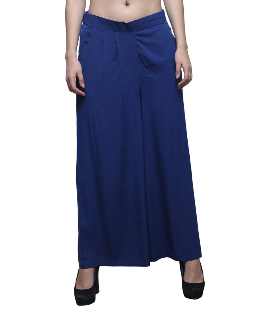 Estance Polyester Solid Double Pleated Navy Blue Palazzo