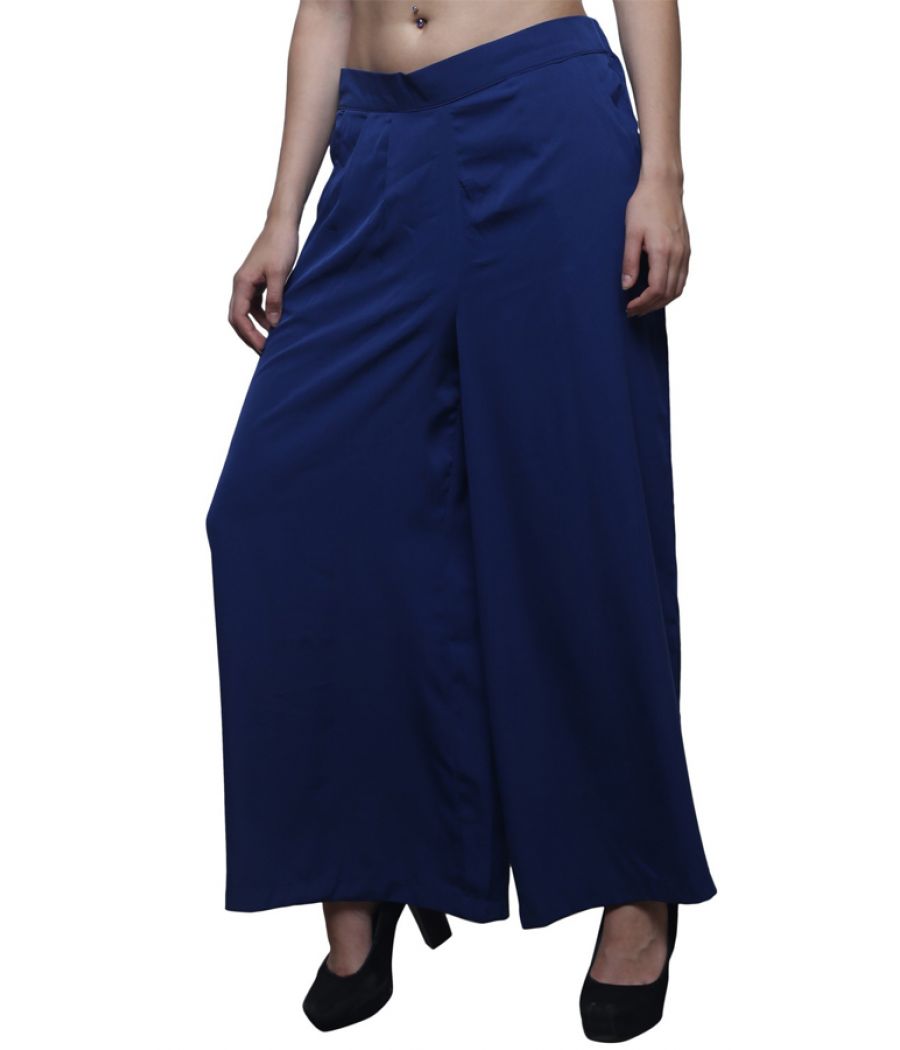 Estance Polyester Solid Double Pleated Navy Blue Palazzo
