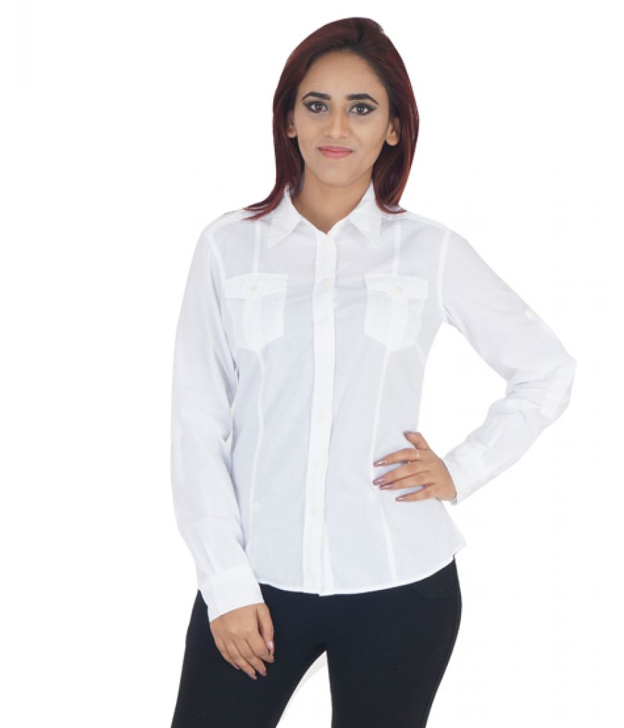 MS Woman Cotton White Solid Full Sleeves Button Closure Formal Shirt