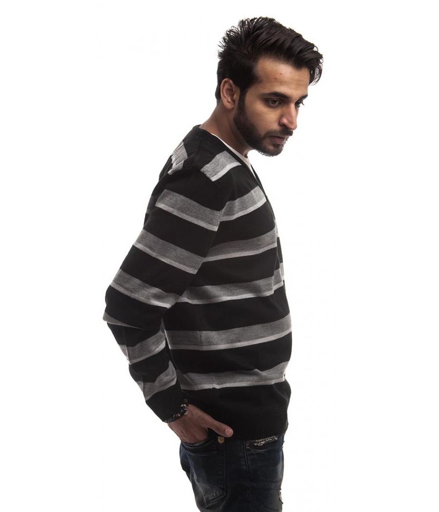 Burton Wool Stripes Off White, Grey & Black Full Sleeves Casual Sweatshirt 