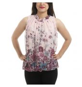 Etashee Certified Crepe Pink & Multi Floral Print Button Closure Sleeveless Gathered High Neck Regular Top