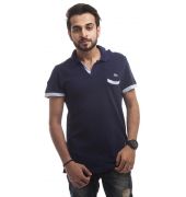 Lacoste Polycotton Plain Navy Blue & White Half Sleeved Casual T-shirt 