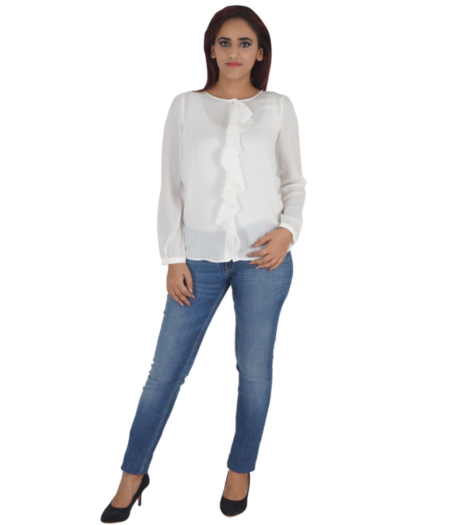  G2000 Woman Crepe Solid White Full Sleeves Round Neck Casual Top 