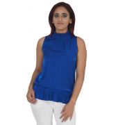 BYSI Cotton Solid Blue Sleeveless Gathered High Neck Casual Top