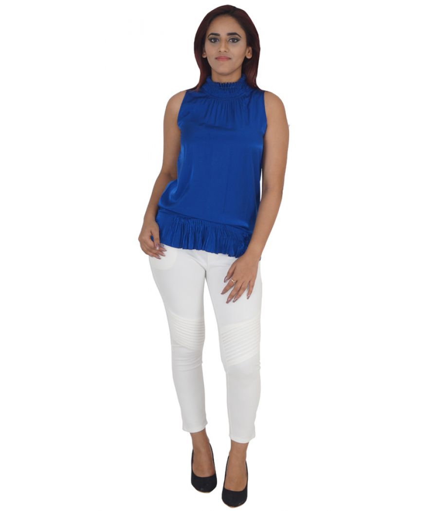 BYSI Cotton Solid Blue Sleeveless Gathered High Neck Casual Top