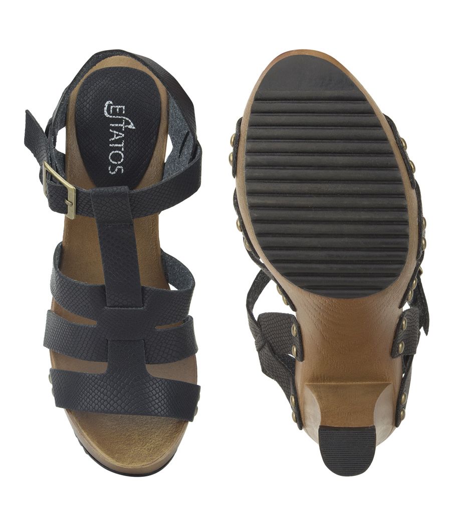 Estatos Pattern Leather Open Toe Buckle Closure Block Wooden Heel Black Gladiator Sandals for Women