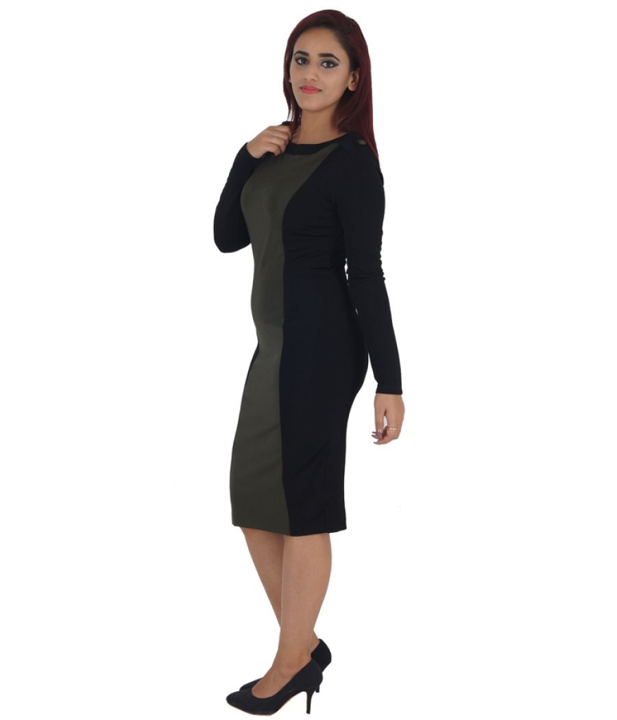 Autograph Polyester Plain Solid Olive and Black Casual Bodycon Dress