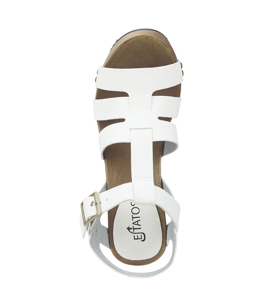 Estatos Pattern Leather Open Toe Buckle Closure Block Wooden Heel White Gladiator Sandals for Women