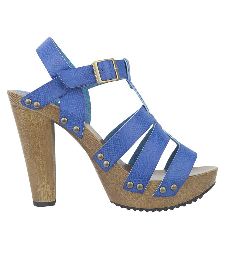 Estatos Pattern Leather Open Toe Buckle Closure Block Wooden Heel Blue Gladiator Sandals for Women