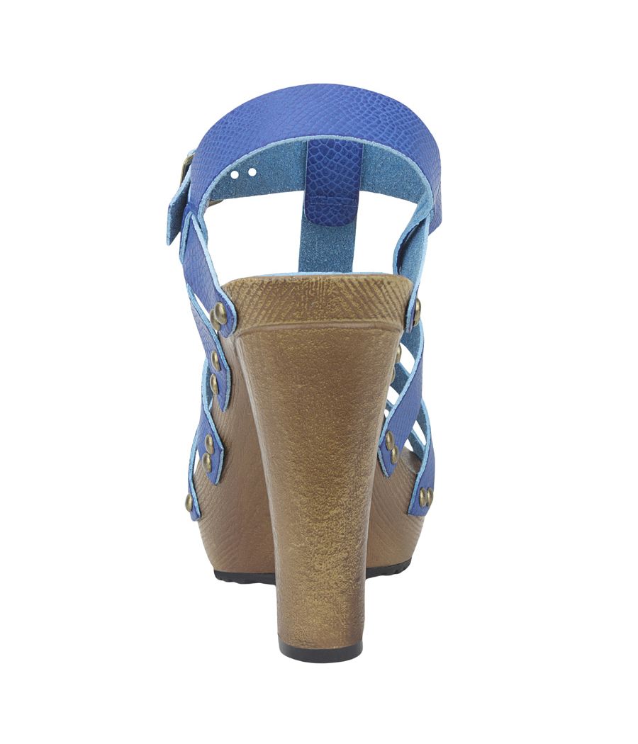 Estatos Pattern Leather Open Toe Buckle Closure Block Wooden Heel Blue Gladiator Sandals for Women