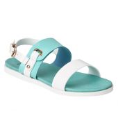 Estatos Faux Leather Open Toe Green and White Twin Strap Buckle Closure  Flat Sandals for Women